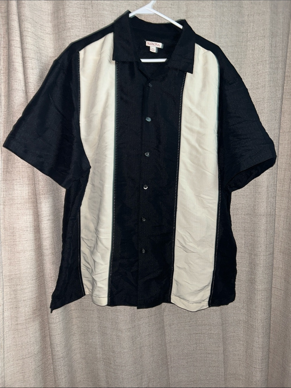 Vintage-Inspired Black & Cream Short-Sleeve Button Shirt - XL
